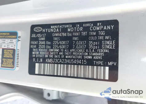 2017 Hyundai Tucson Eco из США, поврежденный, VIN KM8J3CA23HU549415